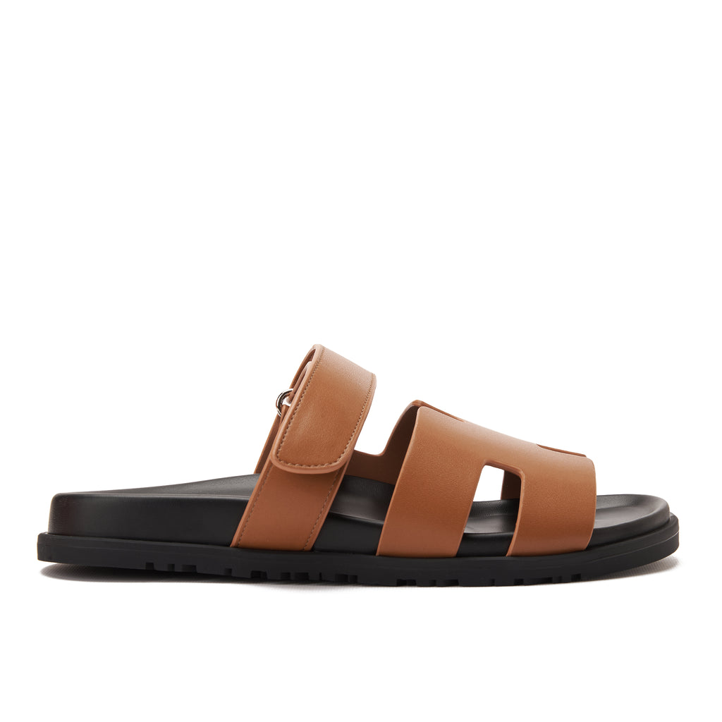 English Tan Hermas In Calfskin With Anatomical Rubber Sole Slides Luxury Sandal